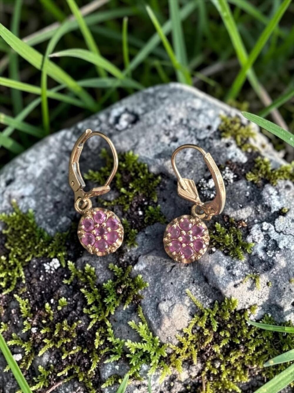 Vintage 14k Gold Ruby Cluster Drop Earrings